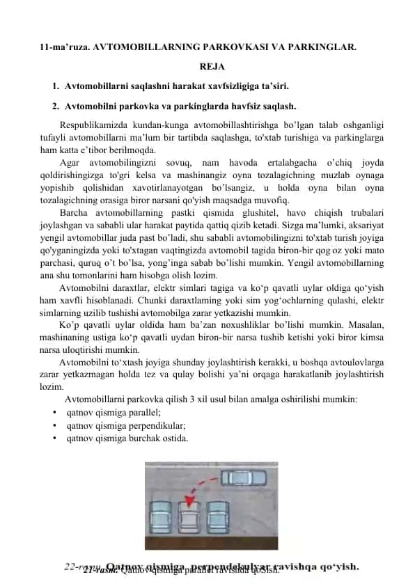 Avtomobillarning Parkovkasi va Parkinglar