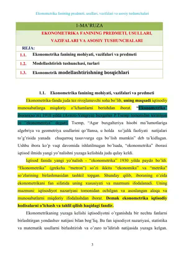 Ekonometrika fanining predmeti, usullari, vazifalari va asosiy tushunchalari