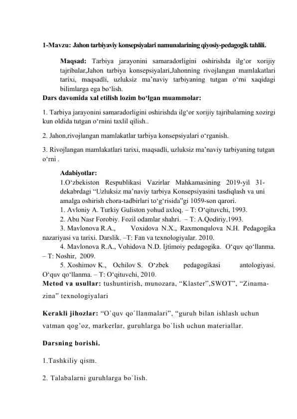 Jahon tarbiyaviy konsepsiyalari namunalarining qiyosiy-pedagogik tahlili