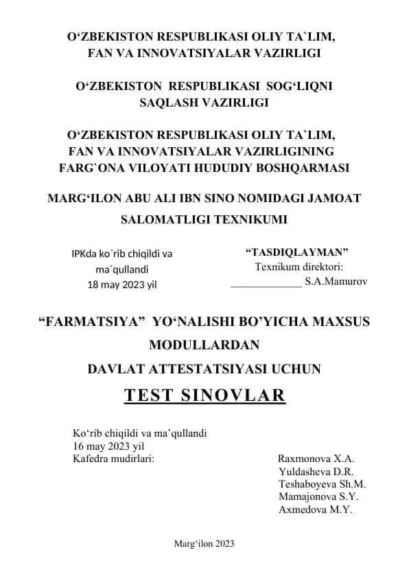 Farmatsiya Yo'nalishi Bo'yicha Maxsus Modullar