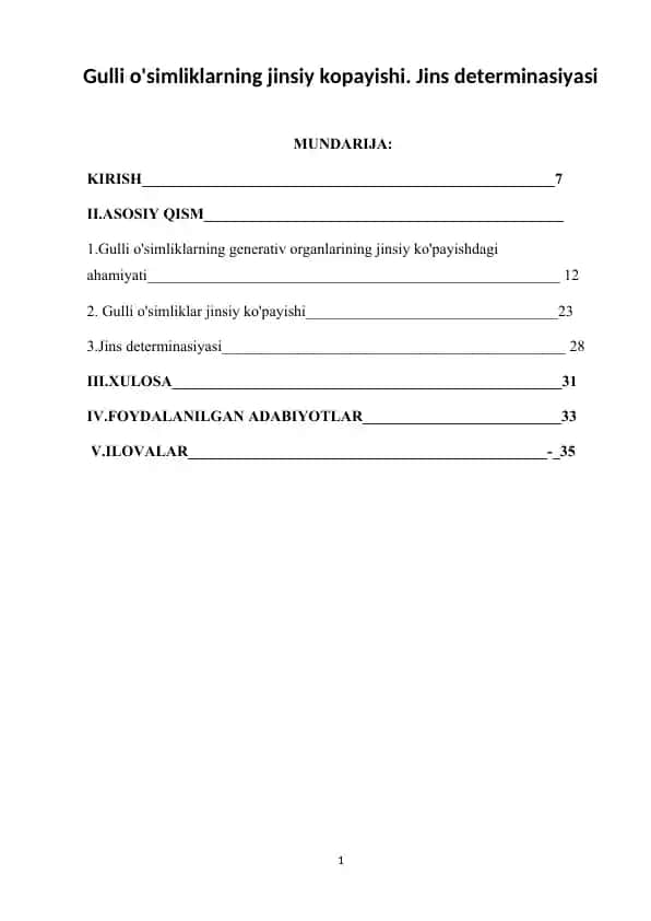 Gulli o'simliklarning jinsiy kopayishi. Jins determinasiyasi