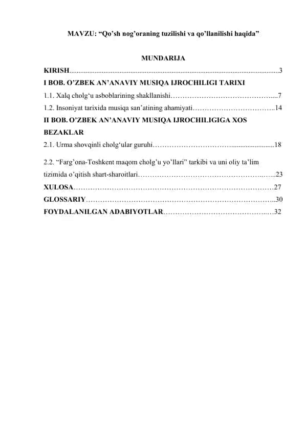 Qo’sh nog’oraning tuzilishi va qo’llanilishi haqida