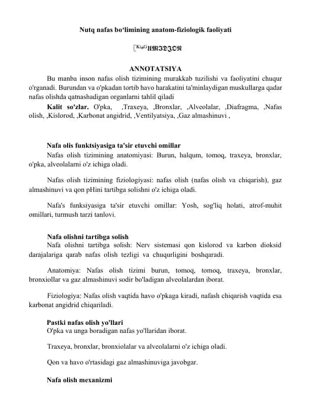 Nutq nafas boʻlimining anatom-fiziologik faoliyati