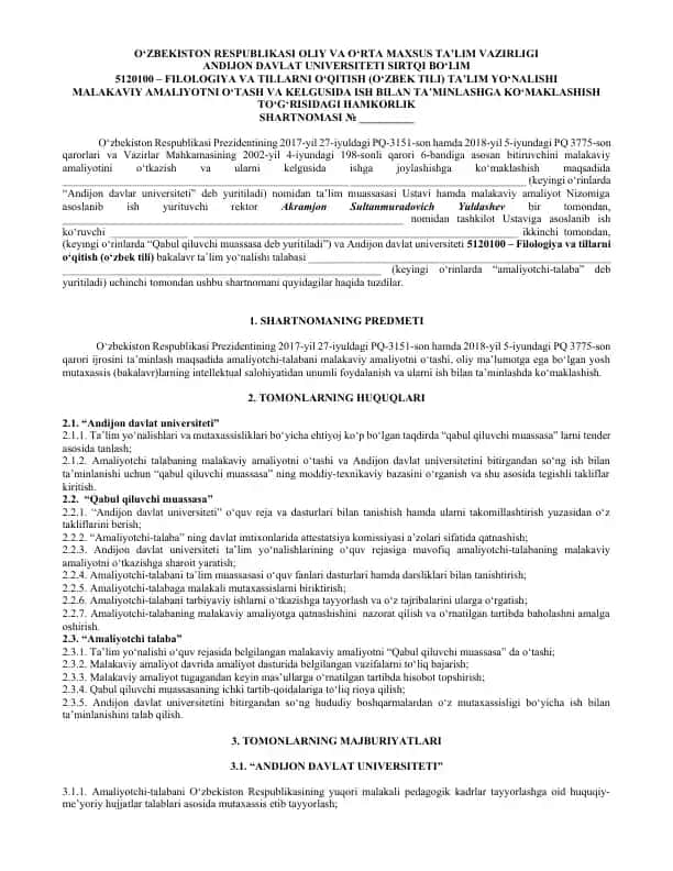 Malakaviy amaliyotni o‘tash va kelgusida ish bilan ta’minlashga ko‘maklashish shartnomasi
