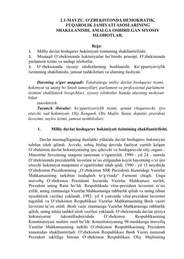 O‘zbekistonda Demokratik, Fuqarolik Jamiyati Asoslarining Shakllanishi va Siyosiy Islohotlar