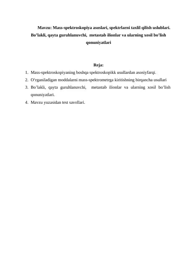 Mass-spektroskopiya asoslari
