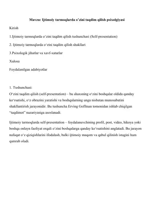 Ijtimoiy tarmoqlarda o’zini taqdim qilish psixolgiyasi