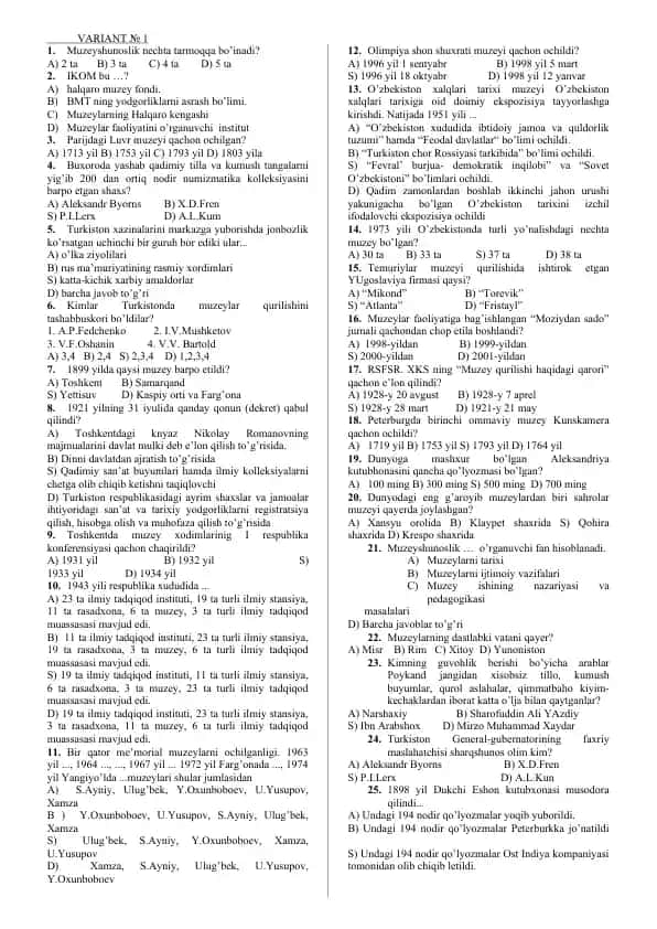 Muzeyshunoslik test savollari