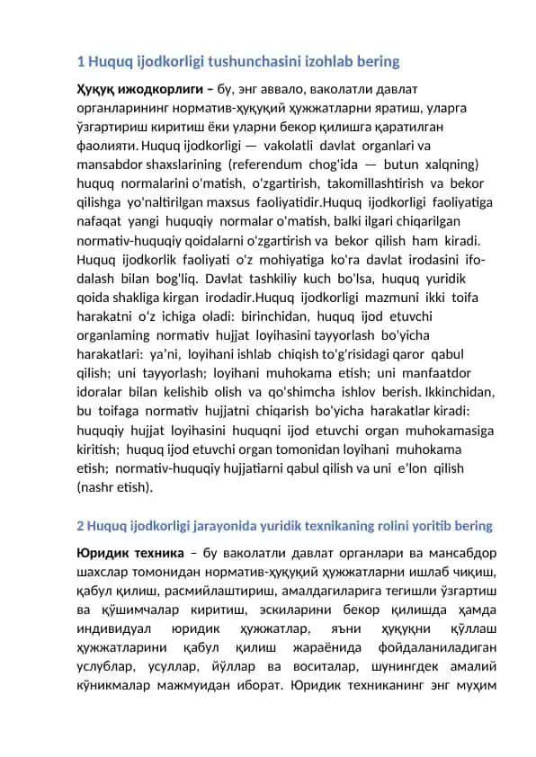 Huquq ijodkorligi va qonun ijodkorligi jarayoni bo‘yicha tushunchalar va tamoyillar