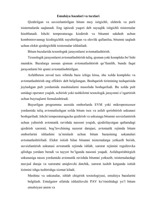 Bitum bazalari va tsexlari