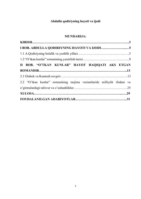 Abdulla Qodiriyning hayoti va ijodi
