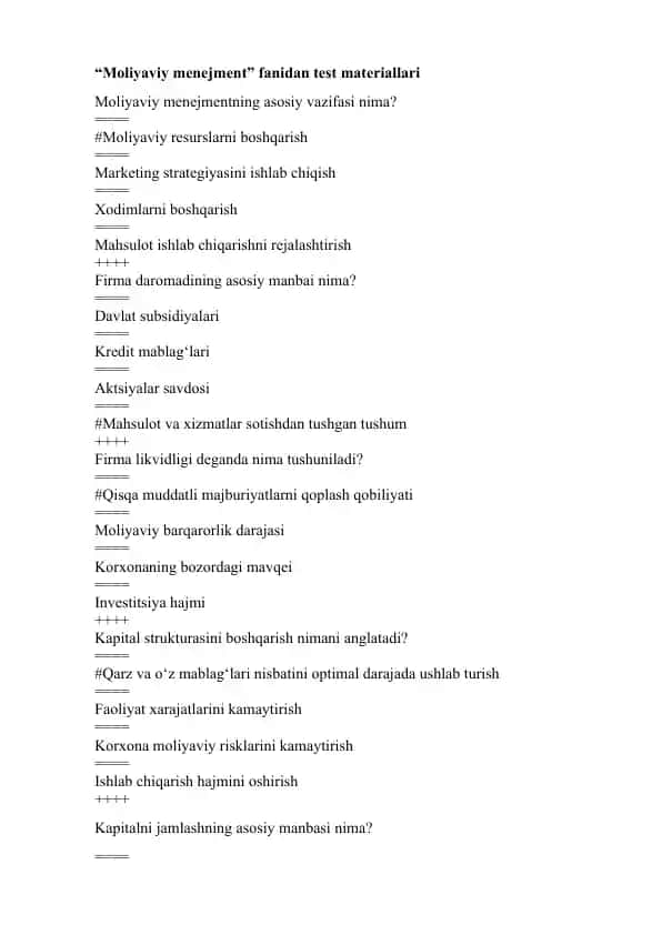 Moliyaviy menejment test materiallari
