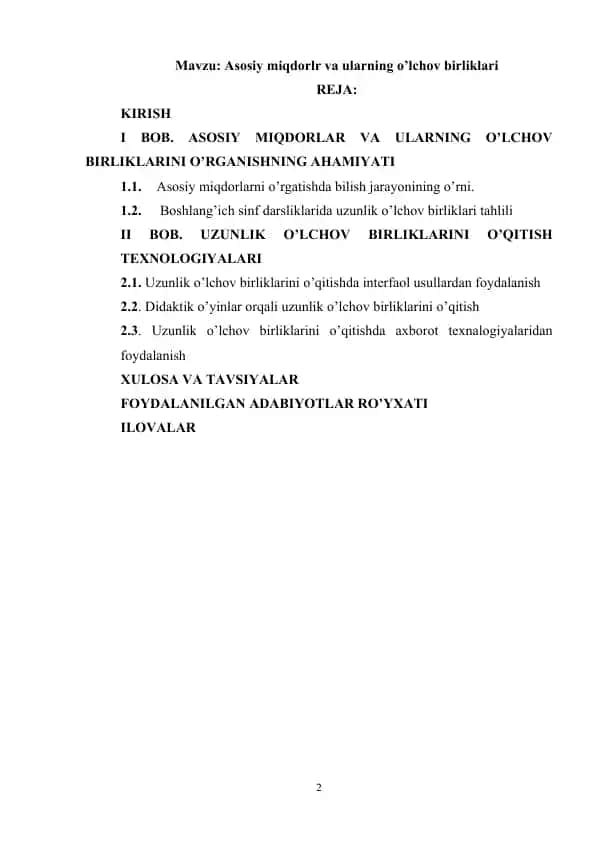 Asosiy miqdorlr va ularning o’lchov birliklari