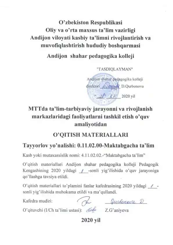 O‘quv dasturi "Maktabgacha ta'lim" bo'yicha pedagogik kengashining tasdiqlangan o'quv dasturi