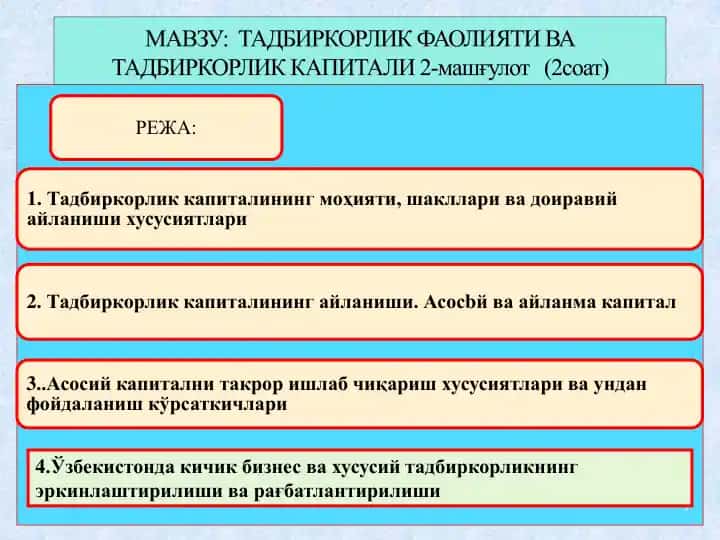 Tadbirkorlik kapitalining mo'iyati, shakllari va doiraviy aylanshi hususiyatlari