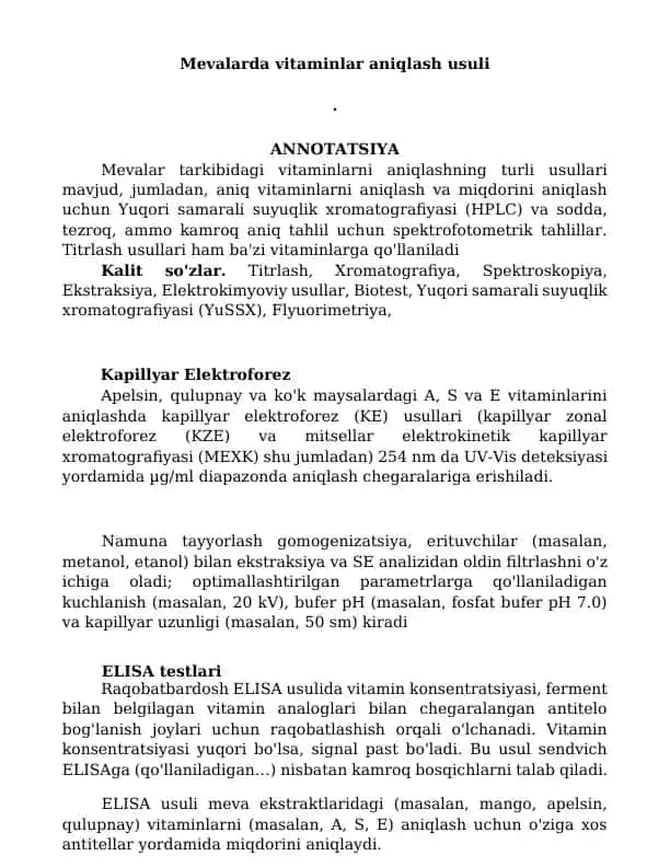 Mevalarda vitaminlar aniqlash usuli