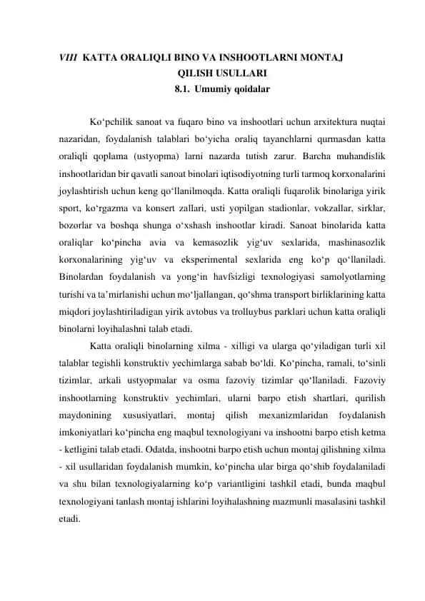VIII KATTA ORALIQLI BINO VA INSHOOTLARNI MONTAJ QILISH USULLARI