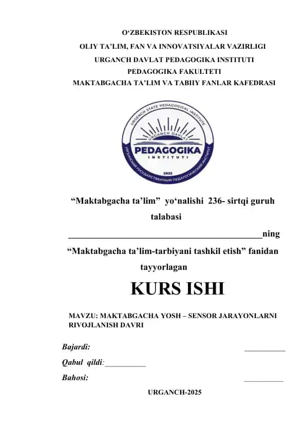 Kurs ishi: "Maktabgacha yosh - sensor jarayonlarni rivojlanish davri"