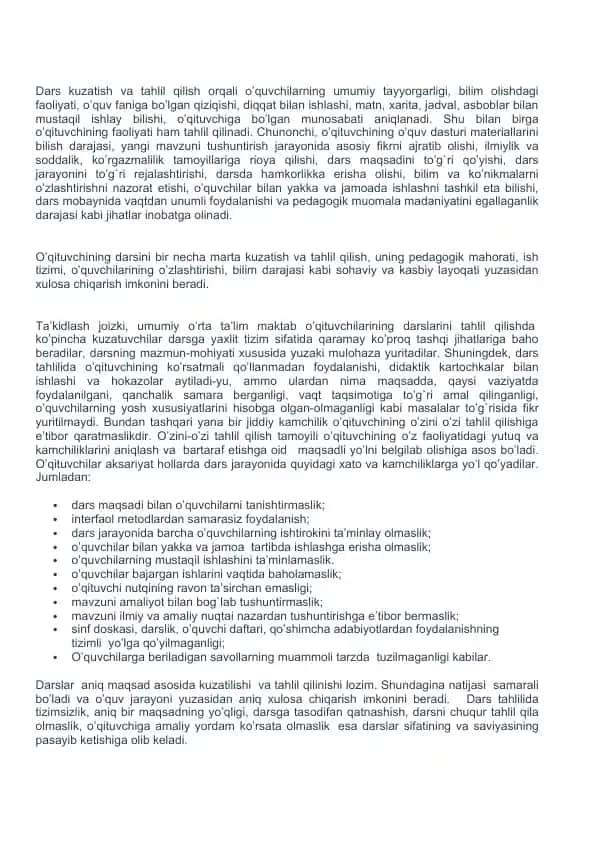 O'qituvchi faoliyati tahlili