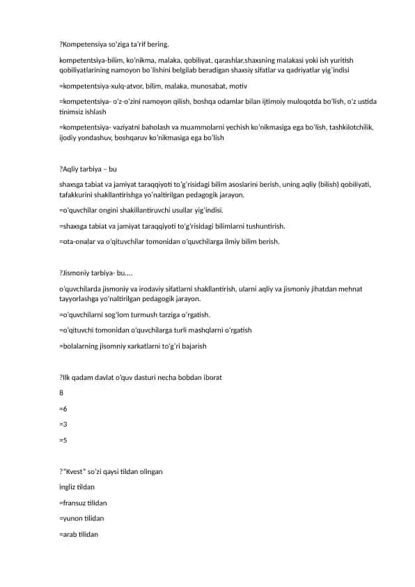 Kompetensiya va tarbiya tushunchalari bo'yicha savol-javoblar to'plami