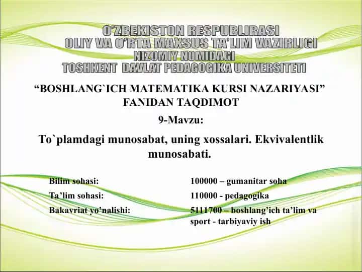 BOSHLANG`ICH MATEMATIKA KURSI NAZARIYASI