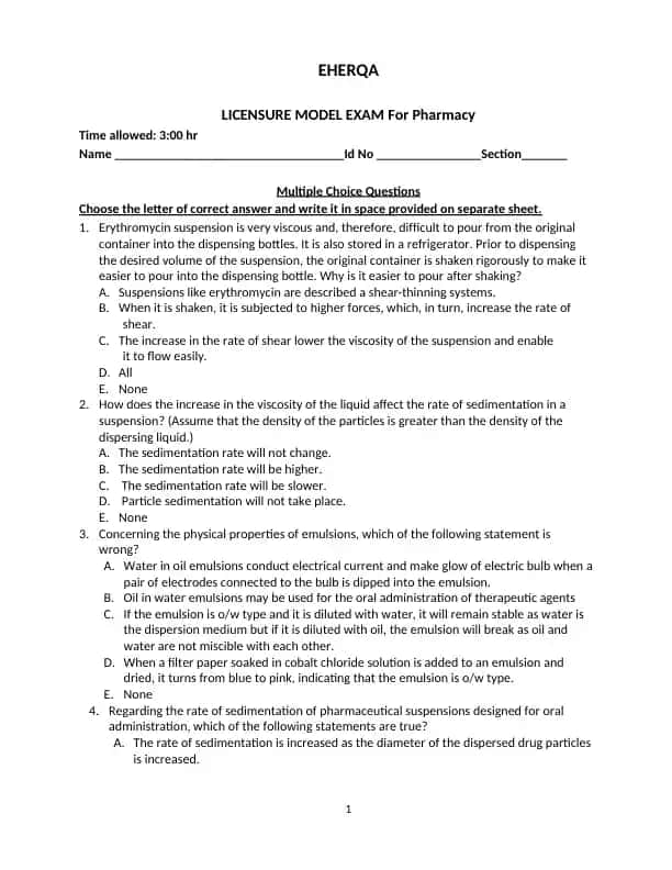 Licensure Model Exam For Pharmacy