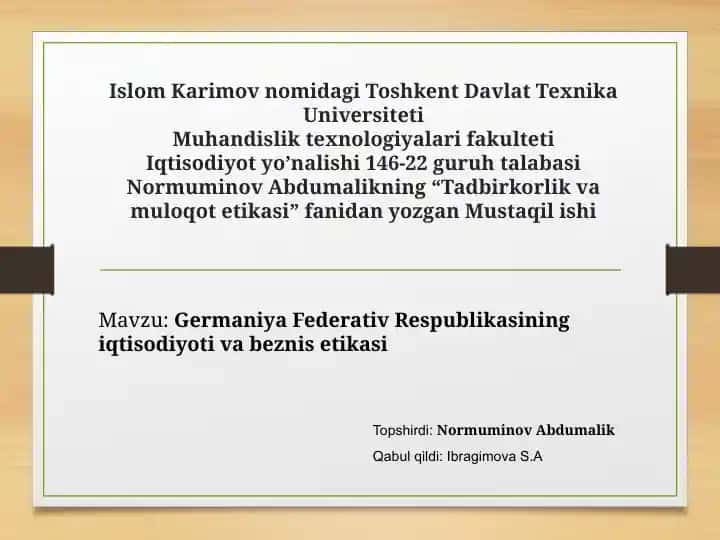 Toshkent Davlat Texnika Universiteti Muhandislik texnologiyalari fakulteti Iqtisodiyot yo’nalishi talabasi Normuminov Abdumalikning "Tadbirkorlik va muloqotetikasi" fanidan yozgan Mustaqilishi