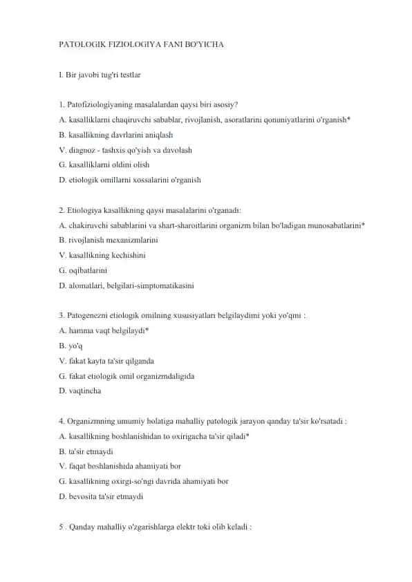 Patologik Fiziologiya Faniga oid test savollari