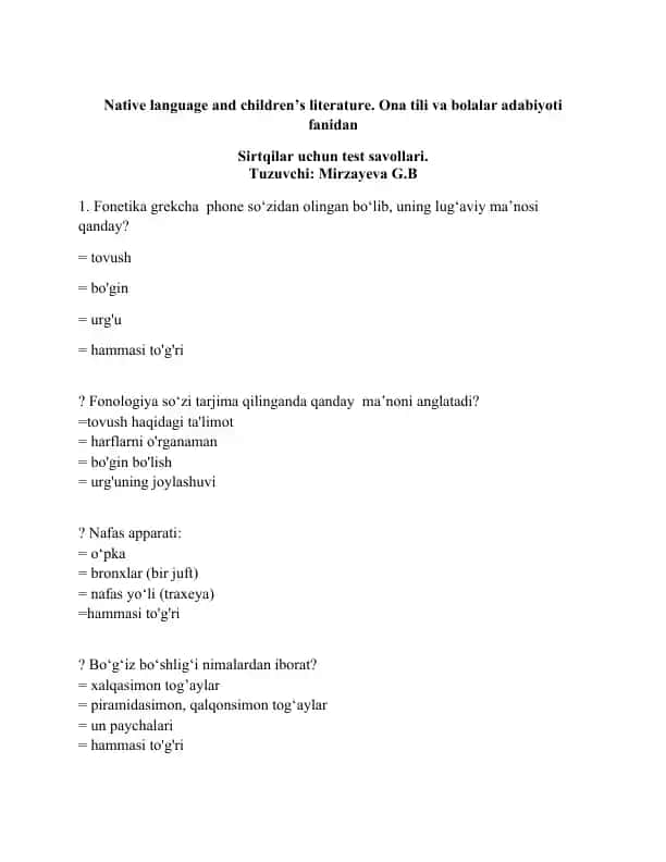 Native language and children’s literature. Ona tili va bolalar adabiyoti fanidan Sirtqilar uchun test savollari.