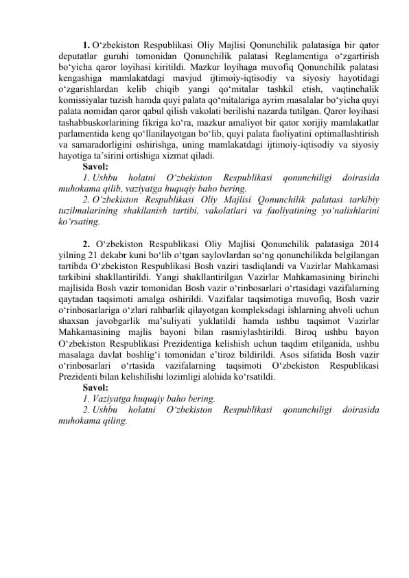 O‘zbekiston Respublikasi Oliy Majlisi Qonunchilik palatasi faoliyati.