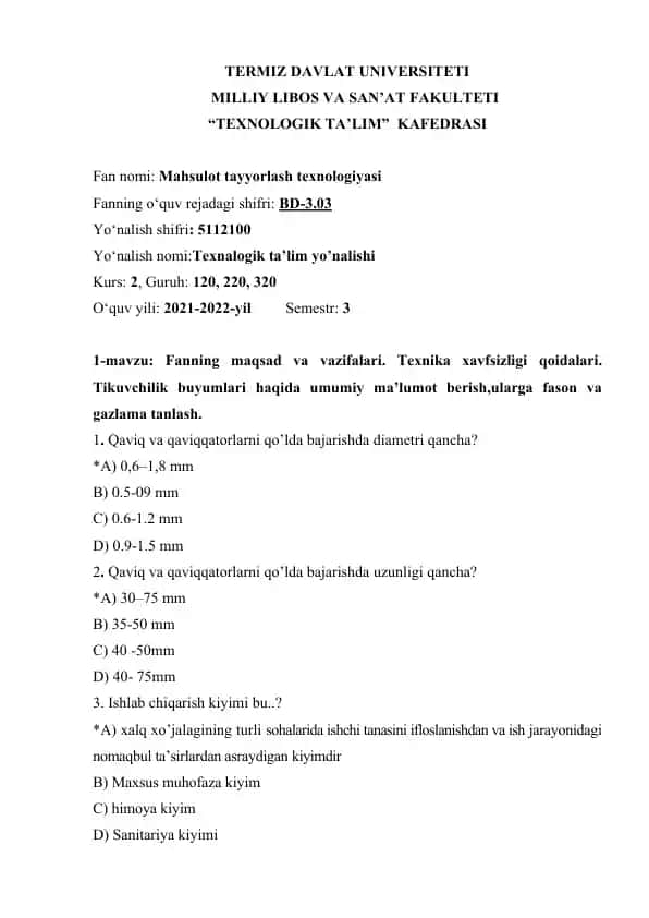 Mahsulot tayyorlash texnologiyasi