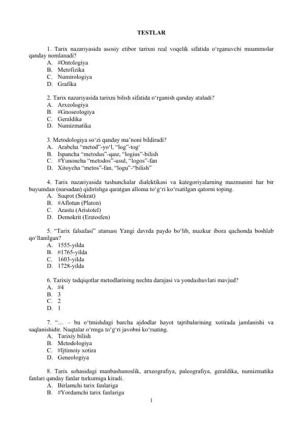 Tarix nazariyasi test savollari