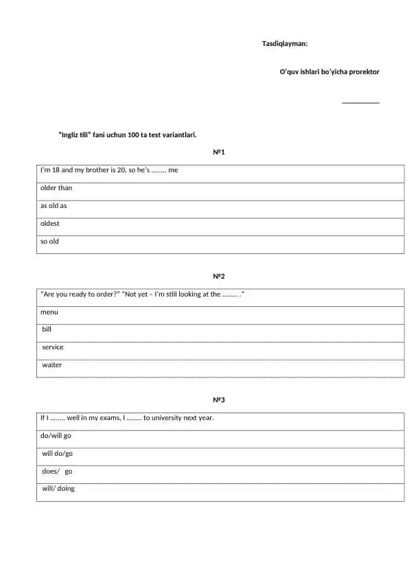 Ingliz tili uchun 100 ta test variantlari