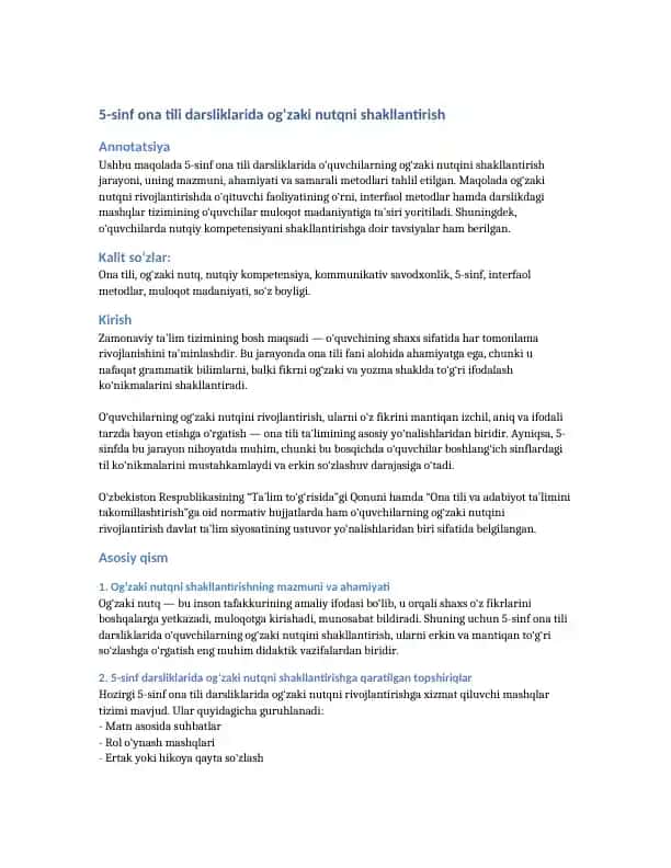 5-sinf ona tili darsliklarida og‘zaki nutqni shakllantirish