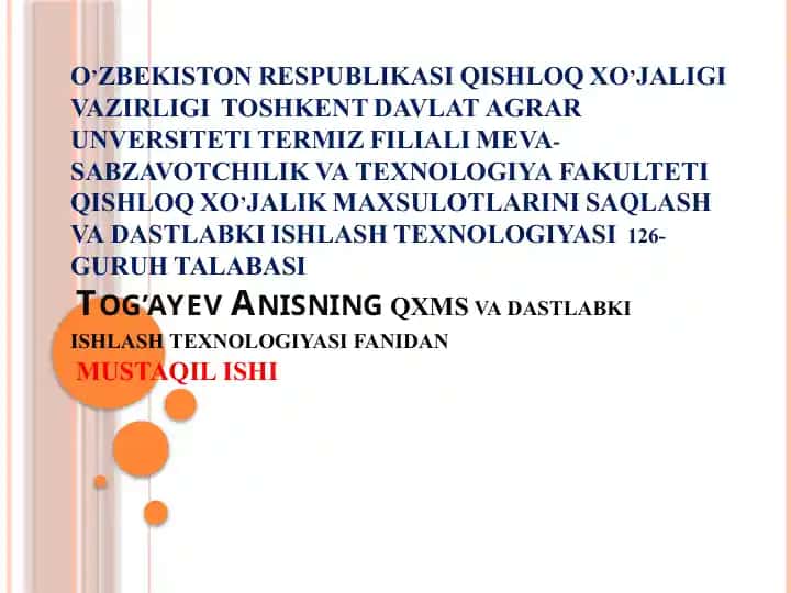 Meva-sabzavotlarni saqlash va dastlabki qayta ishlash texnologiyasi