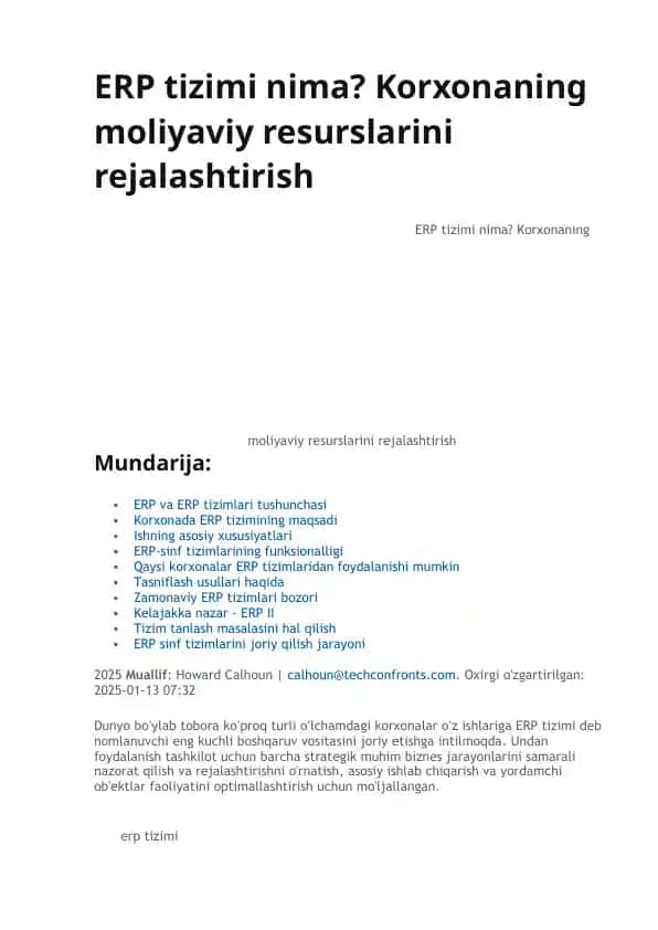 ERP tizimi nima? Korxonaning moliyaviy resurslarini rejalashtirish