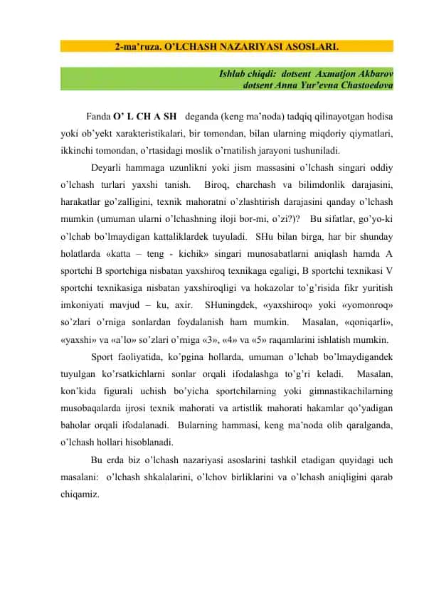 O’LCHASH NAZARIYASI ASOSLARI