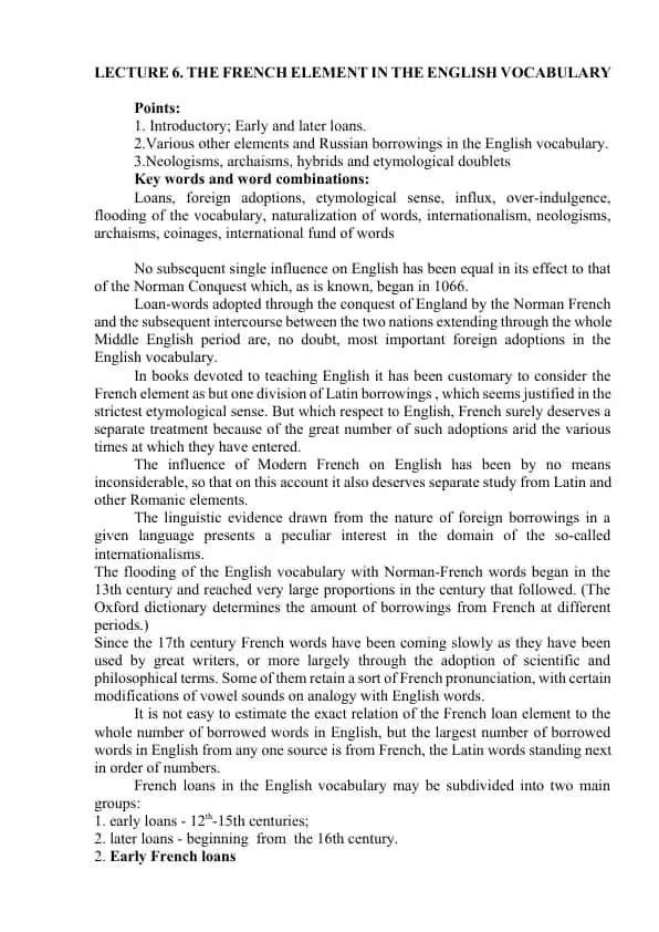 LECTURE 6. THE FRENCH ELEMENT IN THE ENGLISH VOCABULARY
