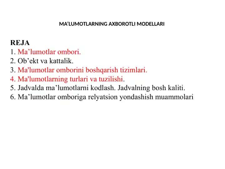 Ma’lumotlarning Axborotli Modellari