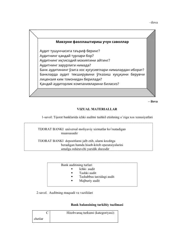 Bank auditining xususiyatlari
