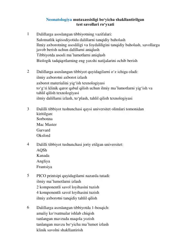 Neonatologiya dan Argos testlar