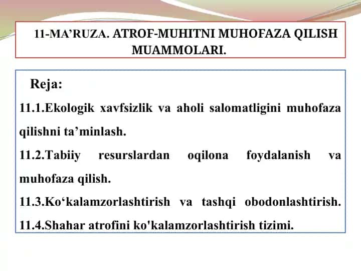 Ekologik muammonlar va aholi salomatligi muhofazasi