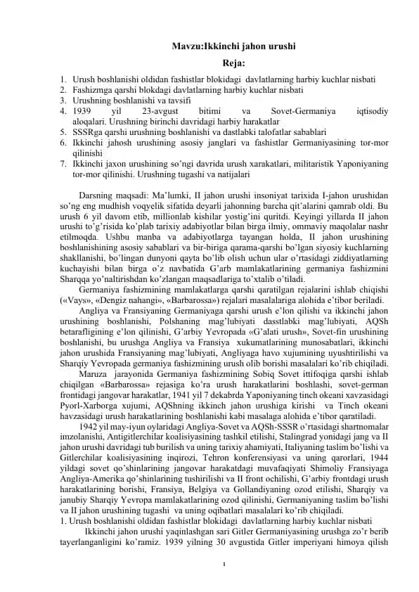 II jahon urushi va uning asosiy voqealari