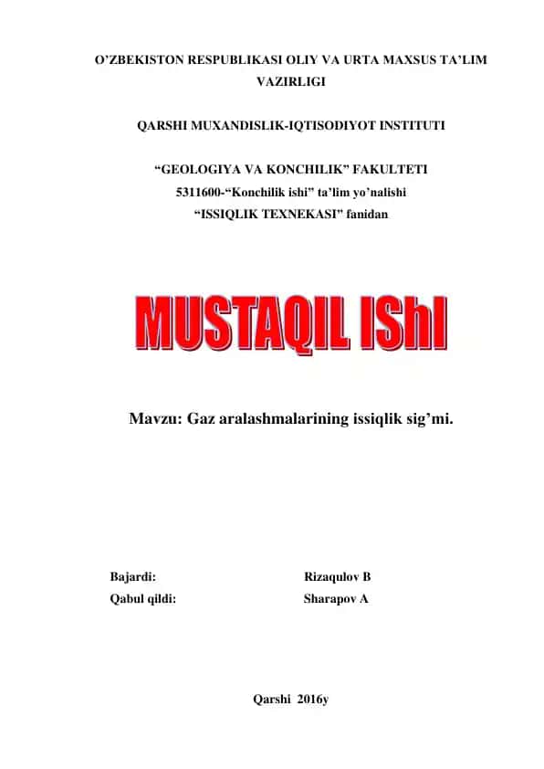 Gaz aralashmalarining issiqlik sig’mi