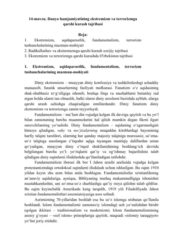 Ekstremizm va terrorizmga qarshi kurash tajribasi