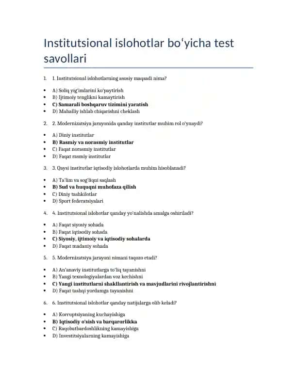 Institutsional islohotlar bo‘yicha test savollari