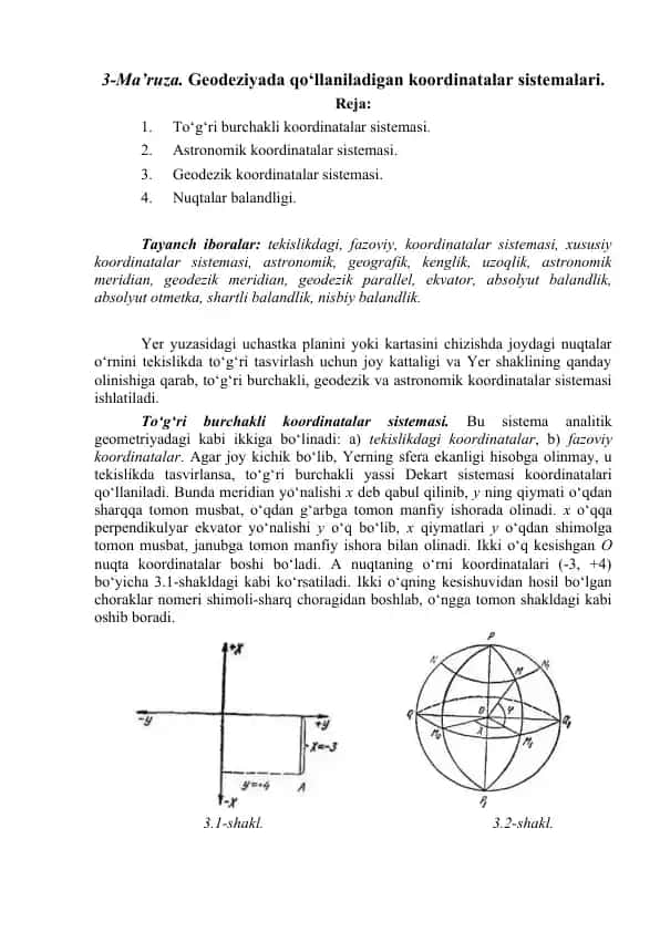 Ma’ruza. Geodeziyada qo‘llaniladigan koordinatalar sistemalari