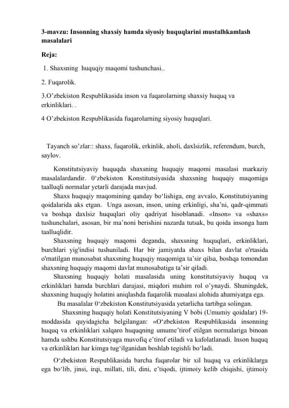 Insonning shaxsiy hamda siyosiy huquqlarini mustalhkamlash masalalari