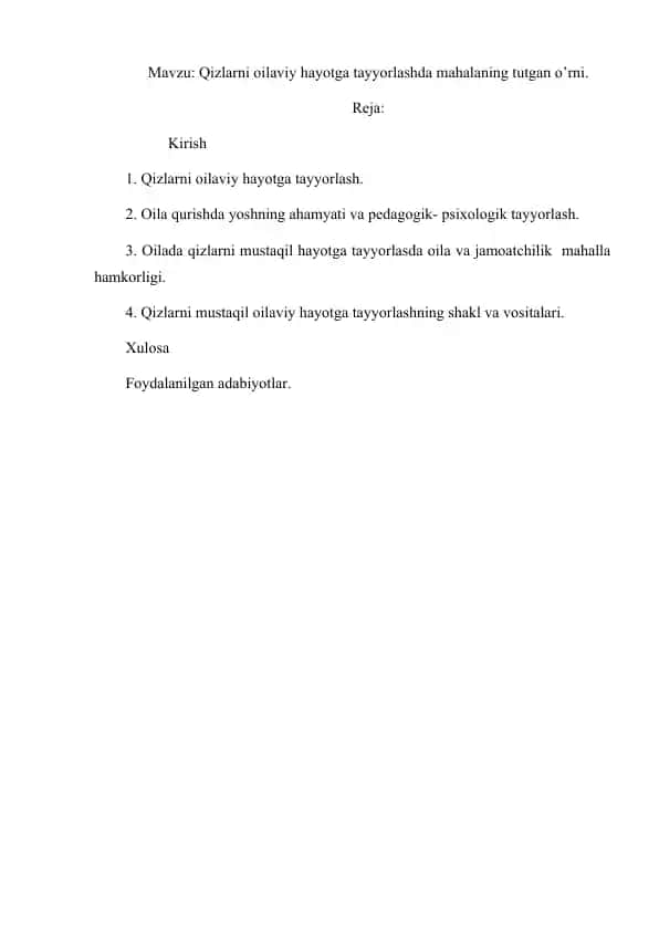 Qizlarni oilaviy hayotga tayyorlashda mahalaning tutgan o’rni