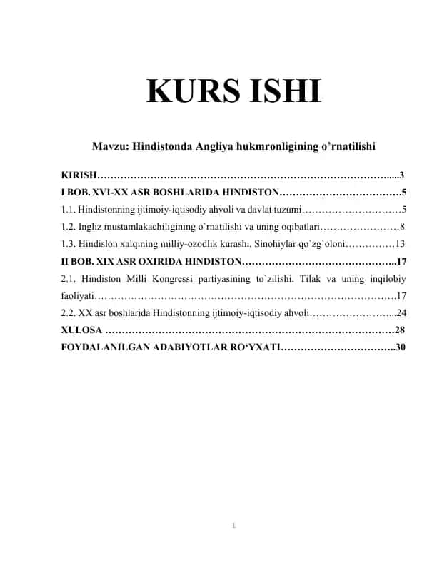 Kurs ishi: Hindistonda Angliya hukmronligining o’rnatilishi